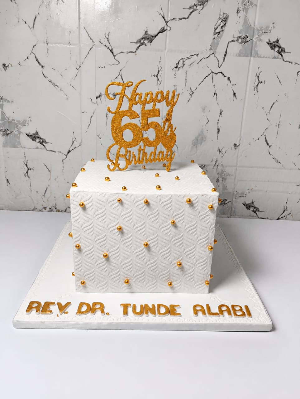 Elegant White & Gold 9 Inches , 3 Layers   Square  Birthday Cake - Luxury Fondant Cake for Milestone Birthday
