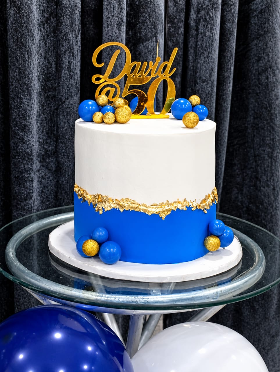  Luxury Royal Blue & White Birthday Cake with Gold Flakes | 10 Inches , 4 Layers Fondant cake